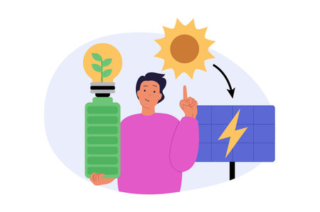 Ecology concept in modern flat design for web. Man using clean green and renewable energy with solar panels generator station and recharging battery for save nature resources. Vector illustration.のイラスト素材