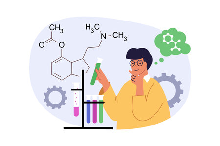 Education concept in modern flat design for web. Man making chemical research with test tubes, studying molecules and formulas, solving problems at learning course in university. Vector illustration.のイラスト素材