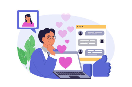 Social network concept in modern flat design for web. Man and woman communicating online in date app, sending romantic messages in chat and flirting, contacting by internet. Vector illustration.のイラスト素材