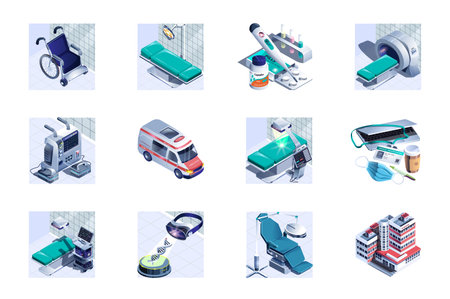 Hospital web concept of 3d isometric icons set in isometry design. Wheelchair, patient ward, pills, thermometer, medicines, mri scan, ambulance car, surgery, clinic rooms, other. Vector illustration.のイラスト素材