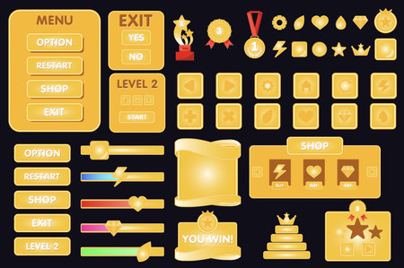 Interface game buttons mega set elements in flat graphic design. Collection objects of different bars and banners, panels with menu, option, exit, level, gold win trophy, others. Vector illustration.のイラスト素材