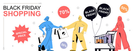 Black friday shopping concept in flat cartoon design for web banner. People with bags making bargain purchases, ordering goods with discount prices on season sale in stores. Vector illustration.のイラスト素材