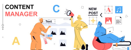 Content manager concept in flat cartoon design for web banner. People filling sites with images graphics, selecting color palette, writing articles, creating posts in online blog. Vector illustration.のイラスト素材