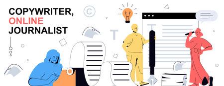 Copywriter concept in flat cartoon design for web banner. People work as online journalists, writing articles and different texts, finding creative ides, making information posts. Vector illustration.のイラスト素材