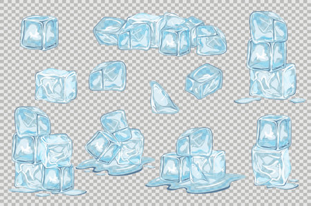 Blue ice cubes mega set elements in flat graphic design. Collection objects of transparent cooling icy crystals, square frozen water blocks for refreshment cocktail beverages. Vector illustration.のイラスト素材