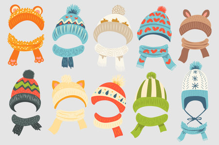 Children winter knit hats mega set elements in flat graphic design. Collection objects of wam woolen headwear with scarfs, different headdress with cute prints or animal ears. Vector illustration.のイラスト素材