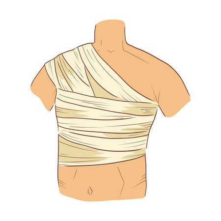 Bandaged human chest in flat design. Hospital patient aid with bandage. Vector illustration isolated.のイラスト素材