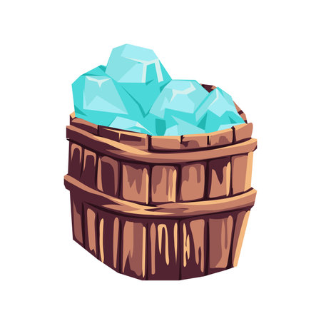 Blue crystals in wooden box in flat design. Mining fantasy gems in bucket. Vector illustration isolated.のイラスト素材