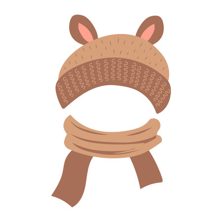 Cute children knit hat in flat design. Brown beanie with ears and scarf. Vector illustration isolated.のイラスト素材