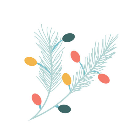 Christmas pine twig garlands in flat design. Fir branch with holiday lamps. Vector illustration isolated.のイラスト素材