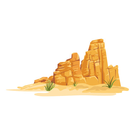 Desert rocks in flat design. Wilderness scenery with hot sand, stones and grass. Vector illustration isolated.のイラスト素材