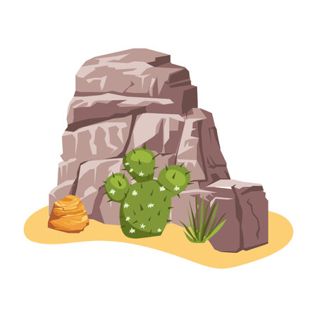 Desert nature in flat design. Rough rocks, green cactus and grass in sand. Vector illustration isolated.のイラスト素材