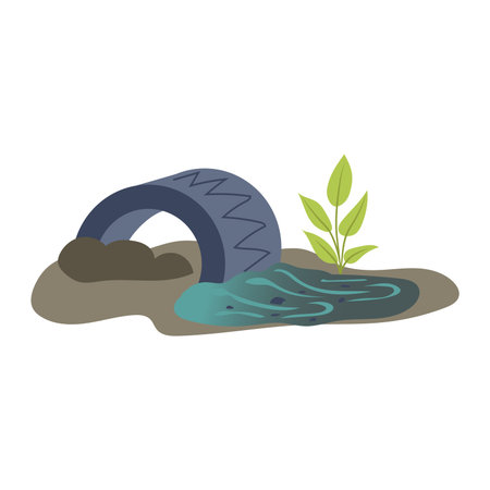 Water pollution in flat design. Dirty sewage and toxic trash in river. Vector illustration isolated.のイラスト素材