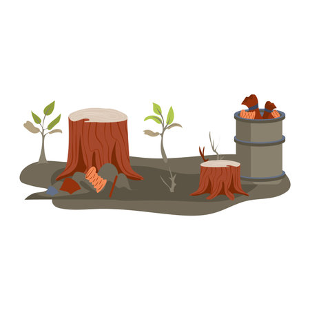 Deforestation and environmental pollution in flat design. Ecosystem destruction. Vector illustration isolated.のイラスト素材