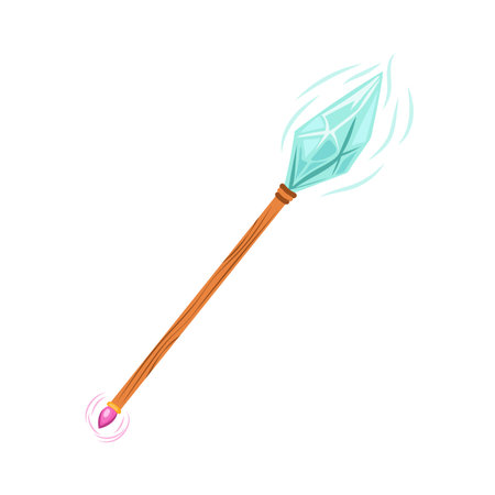 Magician staff in flat design. Magic stick with blue mystery energy crystal. Vector illustration isolated.のイラスト素材