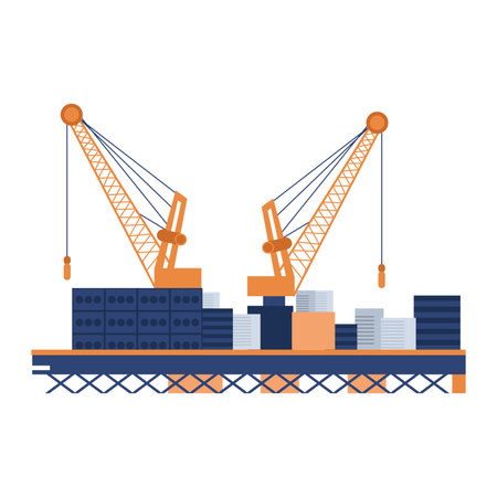 Fish industry in flat design. Commercial seafood transportation at port. Vector illustration isolated.のイラスト素材