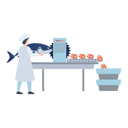Fish industry in flat design. Operator cutting salmon at slices at factory. Vector illustration isolated.のイラスト素材