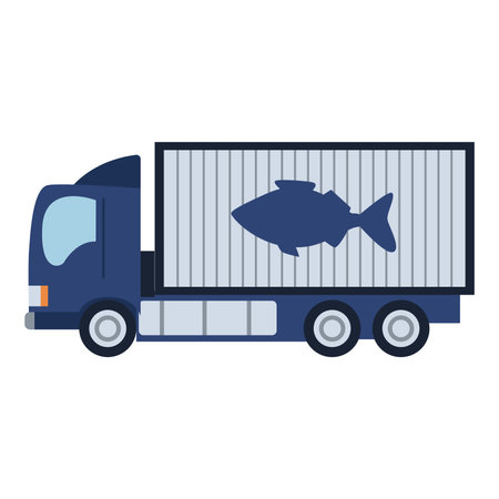 Fish industry in flat design. Commercial refrigerator truck transportation. Vector illustration isolated.のイラスト素材