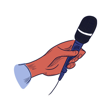 Podcast microphone in flat design. Journalist hand holding mic for record. Vector illustration isolated.のイラスト素材
