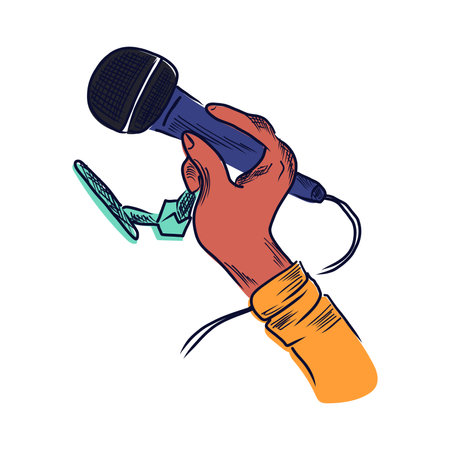 Podcast microphone in flat design. Broadcast speaker hand holding mic. Vector illustration isolated.のイラスト素材