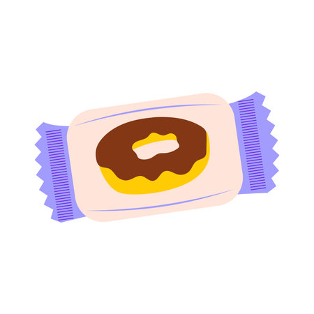 Icing donut in package in flat design. Sweet snack dessert in plastic bag. Vector illustration isolated.のイラスト素材