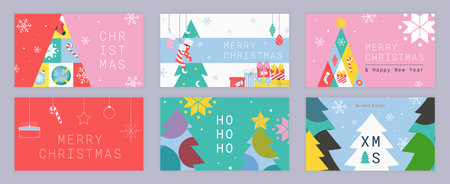 Merry Christmas cover template for social media. Xmas greeting cards with abstract fir trees with decor, hanging socks, candy canes and toy balls, gift boxes, winter snowflakes. Vector illustration.のイラスト素材