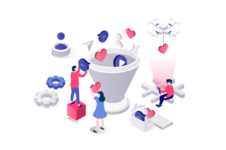 Social media funnel 3d isometric concept in geometry graphic design for web. People using marketing tool for driving online traffic and attracting new customers, increased sales. Vector illustration.のイラスト素材