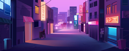 Night city street background for banner design. Empty alleyway with shops or hostel exterior with doors, neon glow signboards, skyscrapers view in purple and violet colors. Vector cartoon illustrationのイラスト素材