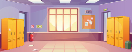 School corridor background for banner design. Empty hallway room interior with closed lockers rows, doors, big window, fire extinguisher, board with notices, clock at wall. Vector cartoon illustrationのイラスト素材