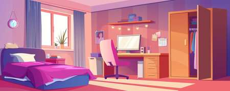 Girl bedroom interior background for banner design. Empty teenage room with bed, computer on table and chair, garland and pictures, bookshelf, wardrobe cabinet, window. Vector cartoon illustrationのイラスト素材
