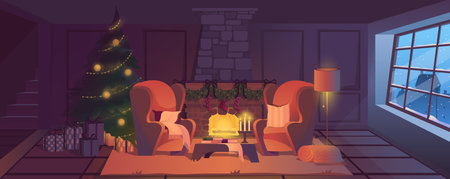 Christmas living room background for banner design. Empty room interior with warm fireplace, armchairs with pillows, festive trees and gift boxes, window with winter view. Vector cartoon illustrationのイラスト素材