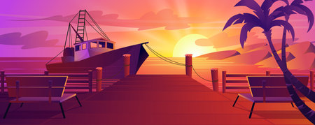 Summer tropical sunset at pier background for banner design. Vibrant evening sun under ocean or sea, moored yacht at water, benches at wooden boardwalk, palm tree at beach. Vector cartoon illustrationのイラスト素材