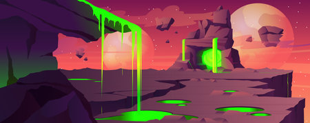 Stones space with green toxic liquid background for banner design. Dark and dangerous rocky land with creepy cavern and poisons flow lake, mountains with glowing water. Vector cartoon illustrationのイラスト素材