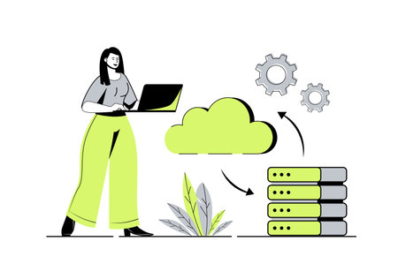 Cloud computing web concept with flat cartoon people for website design. Woman processing information using cloud data storage and cloudscape backup, making online sync files. Vector illustration.のイラスト素材