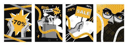 Sale cover typography template in vintage collage design for social media. Trendy greeting cards...