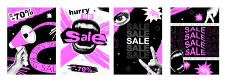 Sale cover typography template in vintage collage design for social media. Trendy greeting cards...
