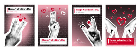 Valentine day cover typography template in vintage collage design for social media. Trendy greeting cards with hands gesturing and fingers mascots in love, hugs, gets flowers. Vector illustration.のイラスト素材