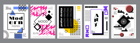 Abstract cover typography template. Posters layouts with creative artistic compositions with geometric shapes, grids, dot textures, fractals. Modern banners set in retro design. Vector illustration.のイラスト素材