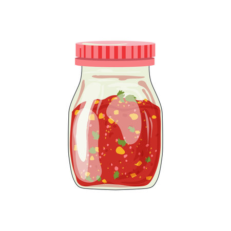 Tomato sauce in jar in flat design. Hot red salsa condiment for cooking. Vector illustration isolated.のイラスト素材