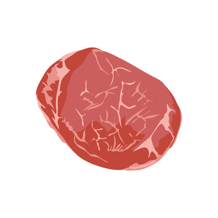 Meat piece in flat design. Red raw pork slice or beef fillet with veins. Vector illustration isolated.のイラスト素材