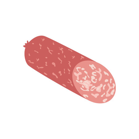 Salami sausage in flat design. Deli red beef product in cut, butchery menu. Vector illustration isolated.のイラスト素材