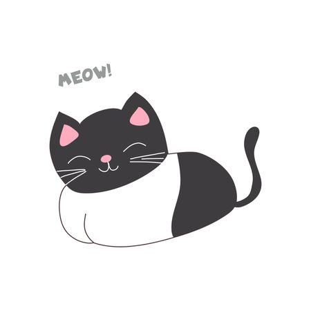 Cute domestic cat in flat design. Happy feline pet sitting and saying meow. Vector illustration isolated.のイラスト素材