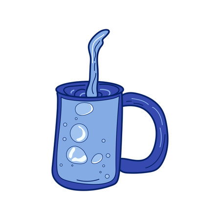 Water cup with liquid pour in flat design. Beverage with wet flowing. Vector illustration isolated.のイラスト素材