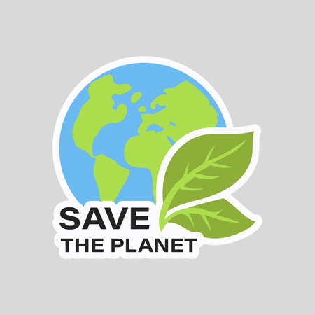 Save planet slogan on ecology sticker in flat design. Earth globe with leaf. Vector illustration isolated.のイラスト素材