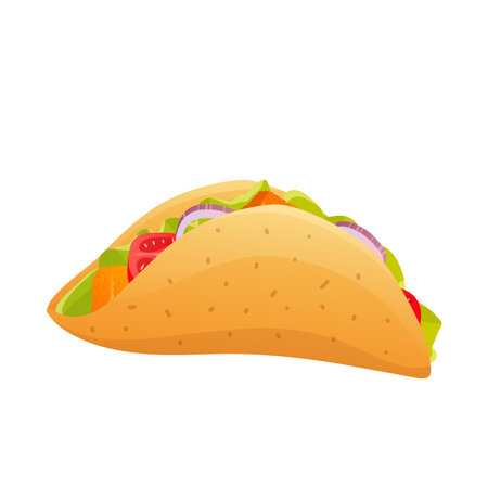 Taco in flat design. Mexican fast food meal with meat and vegetable. Vector illustration isolated.のイラスト素材