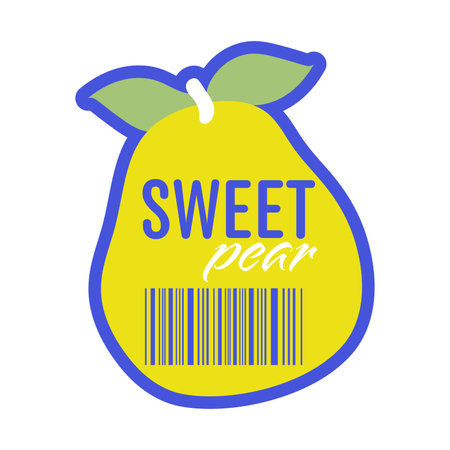 Sweet pear fruit sticker in flat design. Product package label with barcode. Vector illustration isolated.のイラスト素材