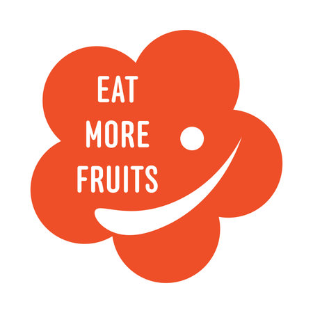 Eat more fruits sticker in flat design. Product emblem with message. Vector illustration isolated.のイラスト素材