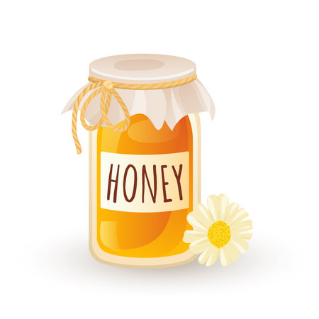 Honey jar with chamomile in flat design. Apiculture product in glasses pot. Vector illustration isolated.のイラスト素材
