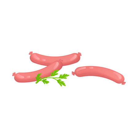 Pink boiled sausages in flat design. Tasty meat frankfurters for picnic. Vector illustration isolated.のイラスト素材