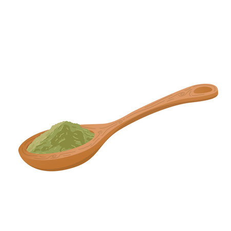 Green spice in spoon in flat design. Cooking condiment, bay leaf or matcha powder. Vector illustration isolated.のイラスト素材